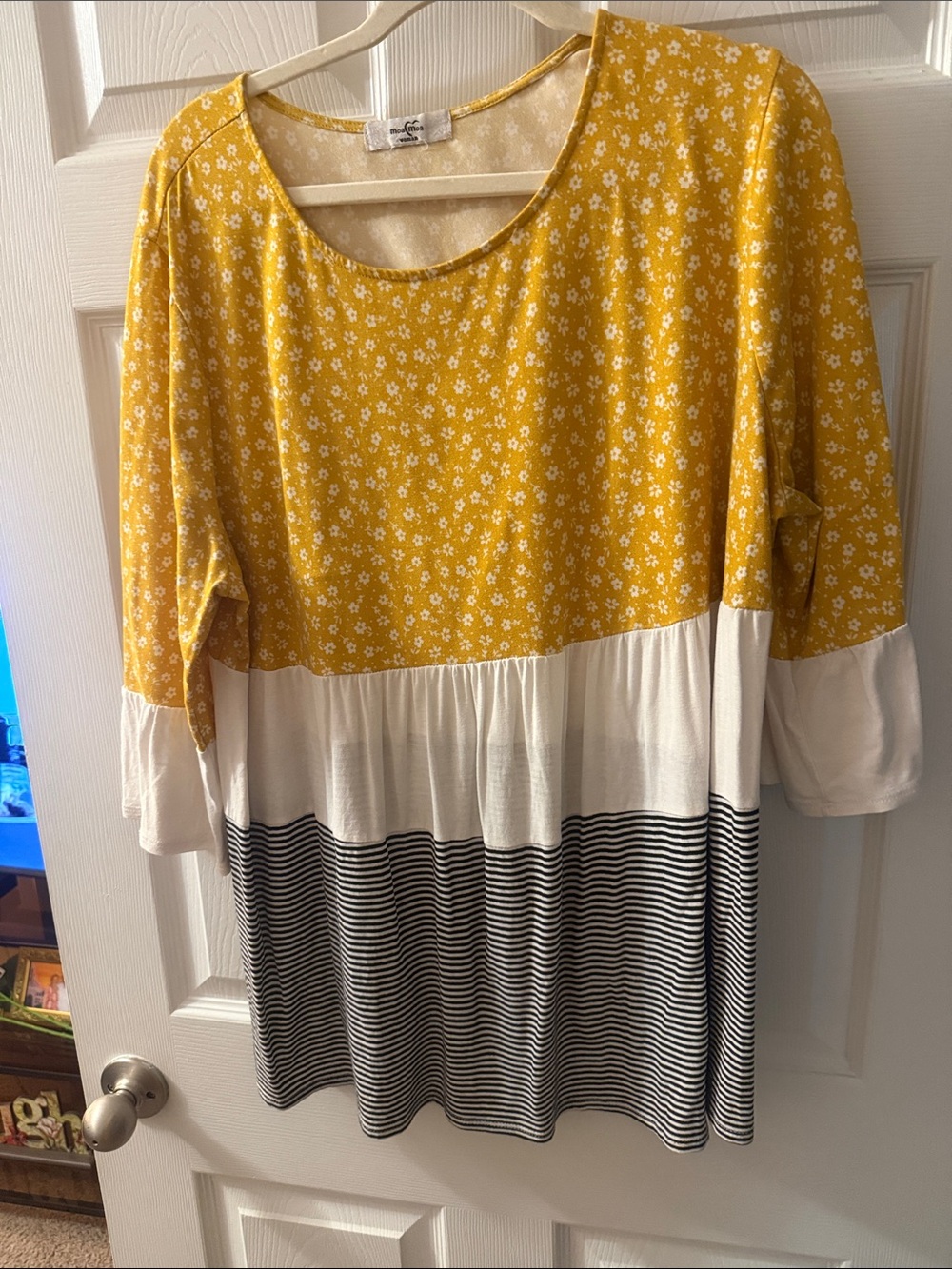 Moa Moa Yellow Floral Colorblock Dress with Black-White Stripes